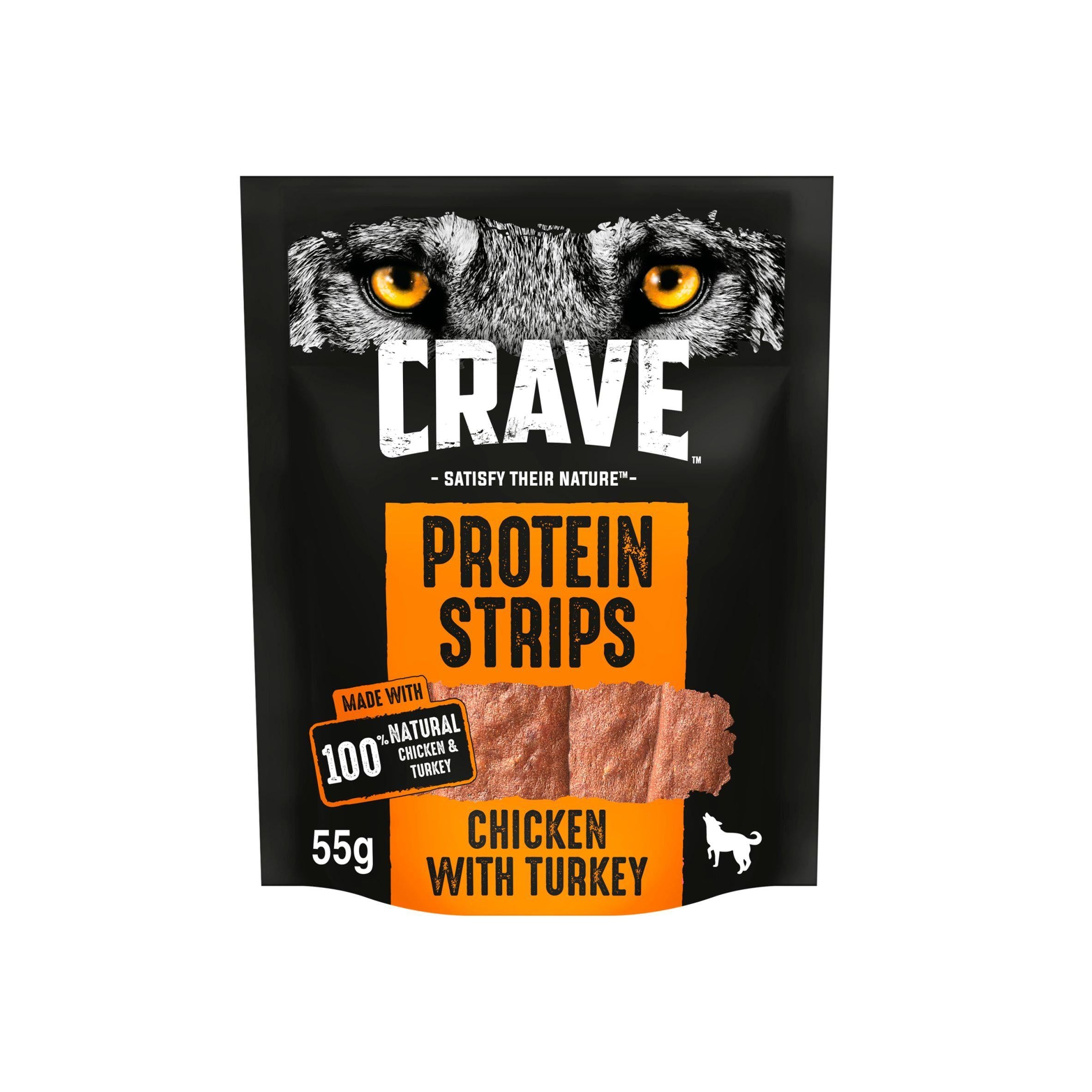 Crave Natural Grain Free Protein Strip Turkey & Chicken Adult Dog Treat 55g Dog chews Sainsburys   