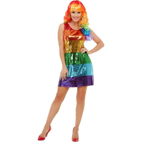 Smiffys rainbow costume multi-coloured sequin dress, imported from the UK