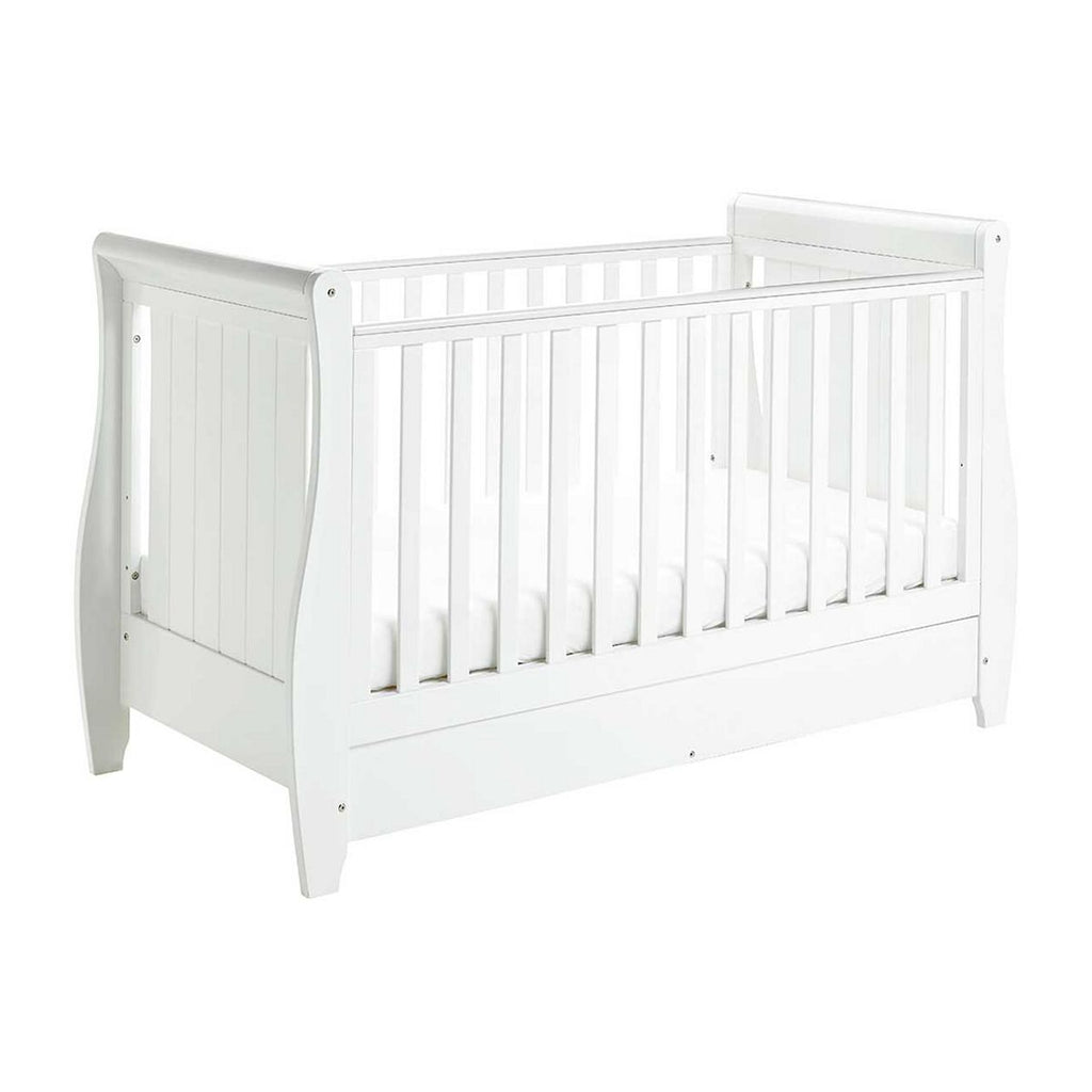 Babymore Stella Sleigh Cot Bed Dropside with Drawer - White