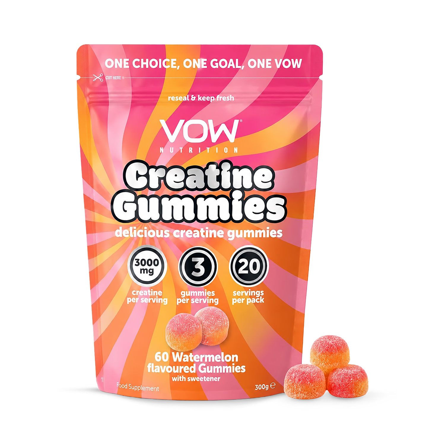 VOW Nutrition creatine gummies watermelon 60 gummies, imported from the UK