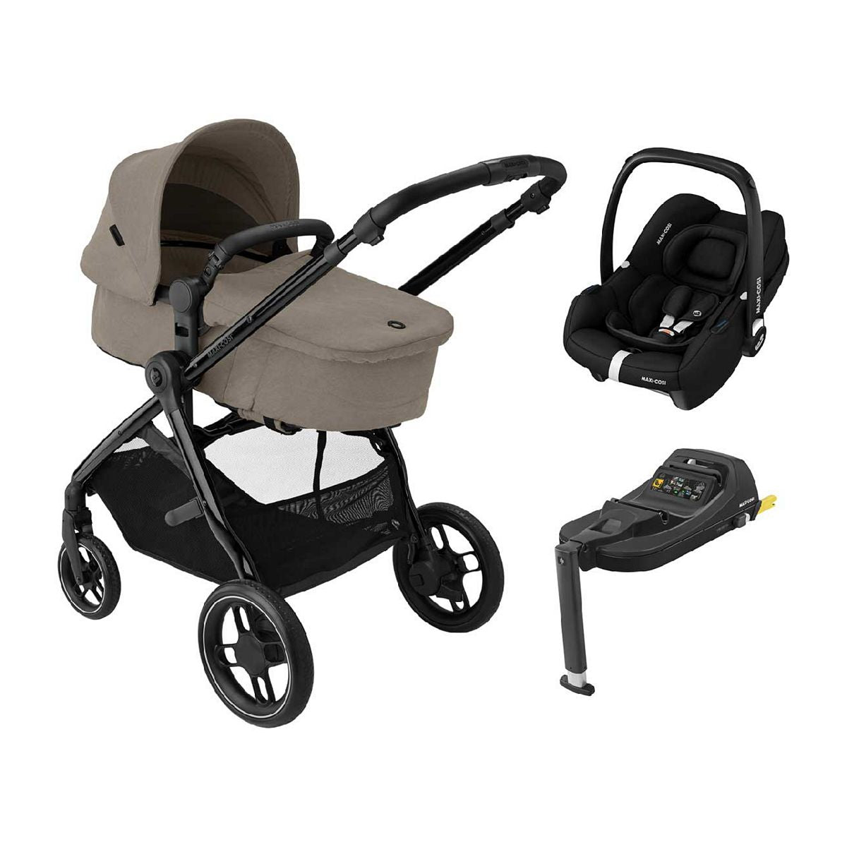 Maxi-Cosi Zelia3 Luxe Travel System with Car Seat Base Twillic Truffle GOODS Boots   