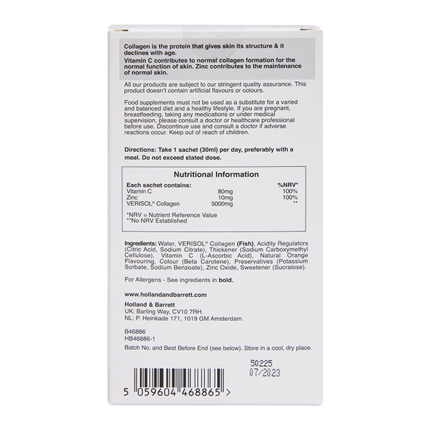 Holland & Barrett Expert Marine Collagen Orange Liquid Sachets - British product