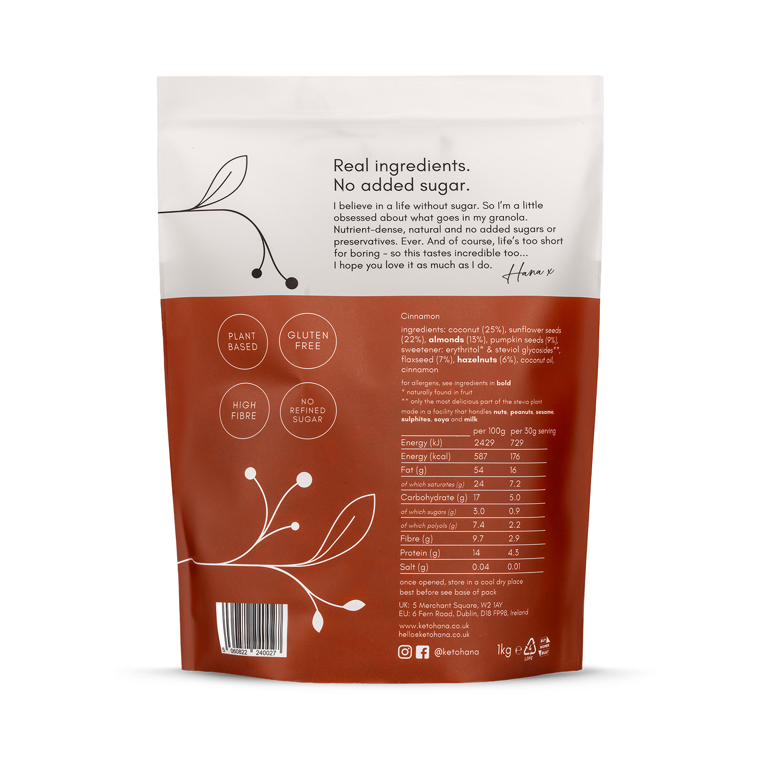 Keto Hana granola Vanilla & Pink Himalayan 1kg, UK version