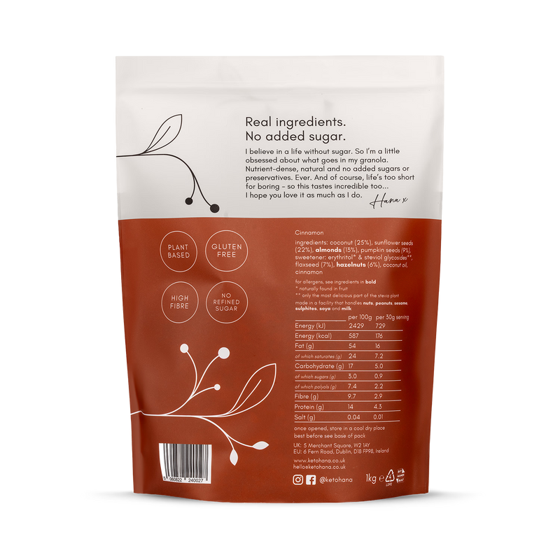 Keto Hana granola Vanilla & Pink Himalayan 1kg, UK version