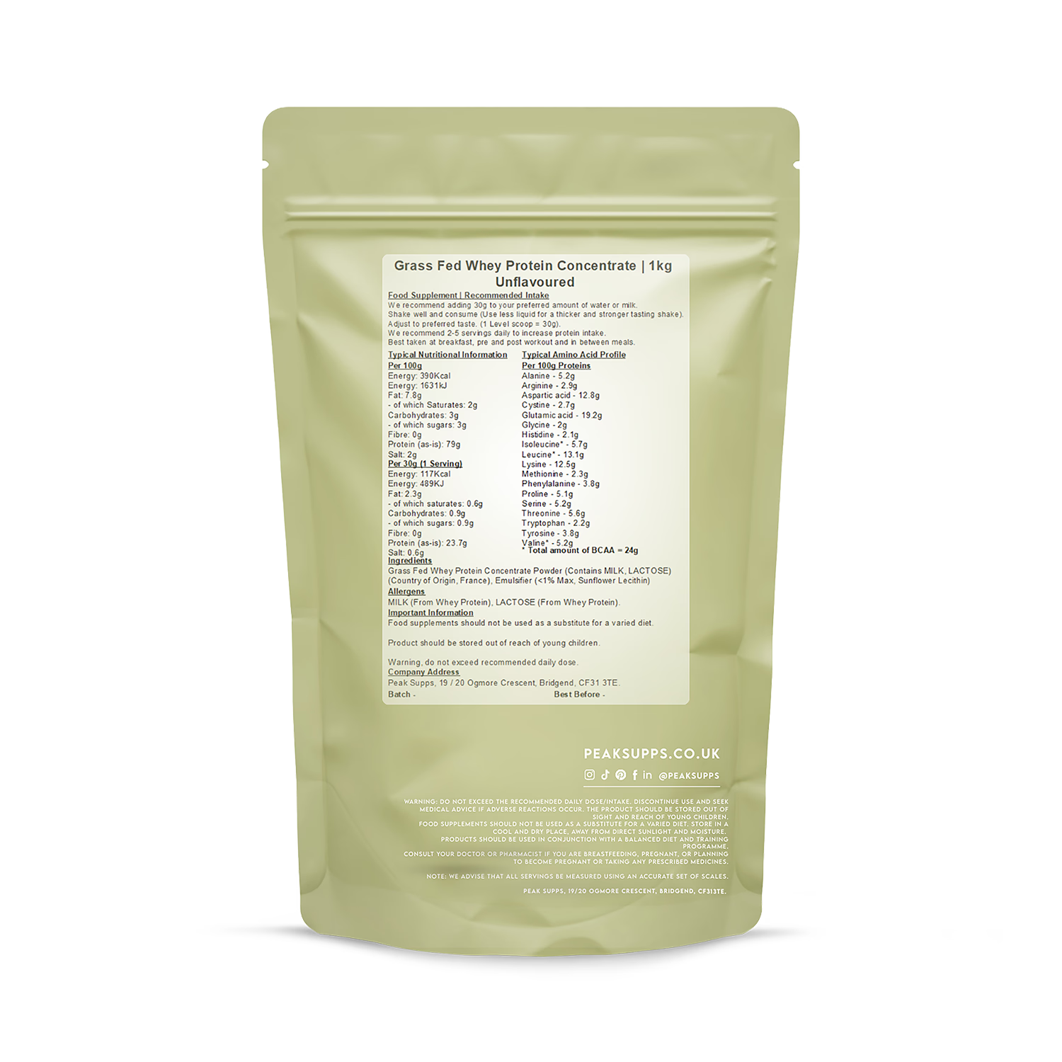 Peak Supps whey protein concentrate unflavoured 1kg, imported from the UK