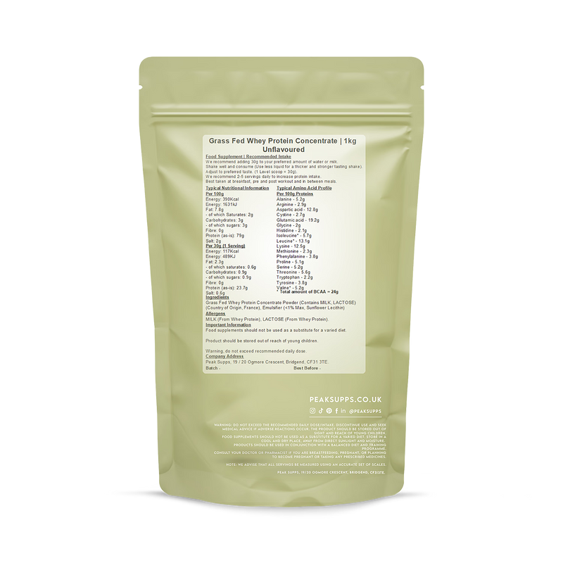 Peak Supps whey protein concentrate unflavoured 1kg, imported from the UK