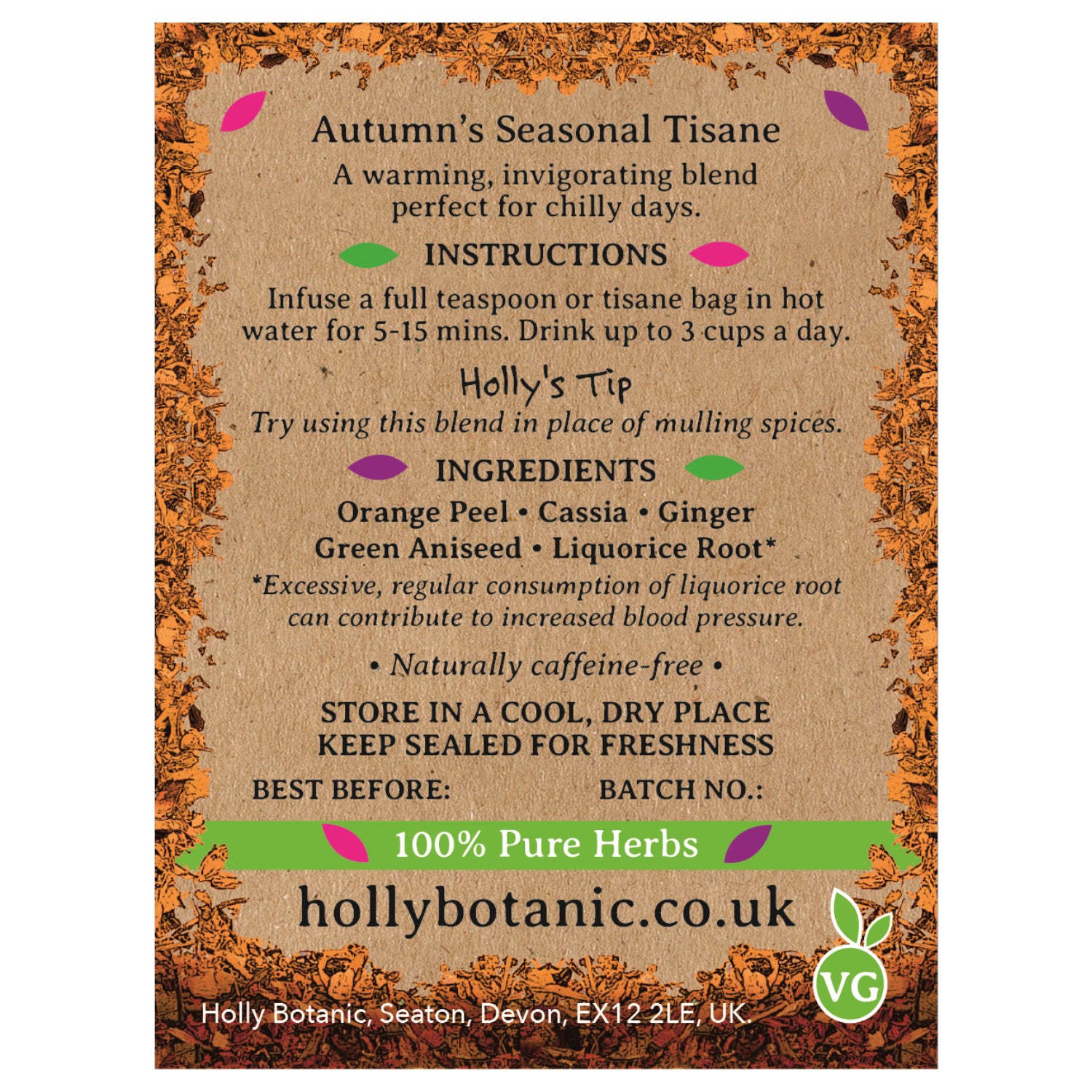 Holly Botanic spiced orange tisane 40 cup loose, UK version