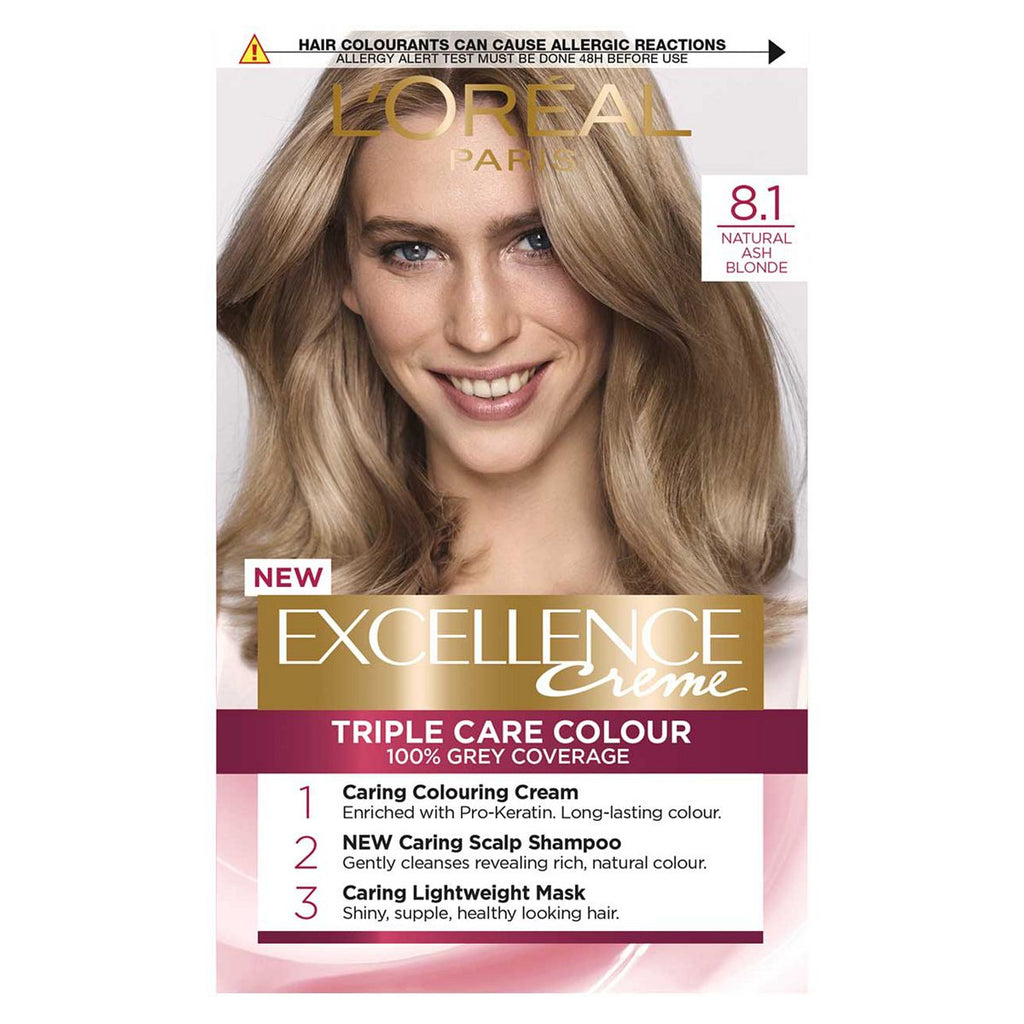 L’Oréal Paris Excellence Crème Permanent Hair Dye, Up to 100% Grey Hair Coverage, 8.1 Natural Ash Blonde