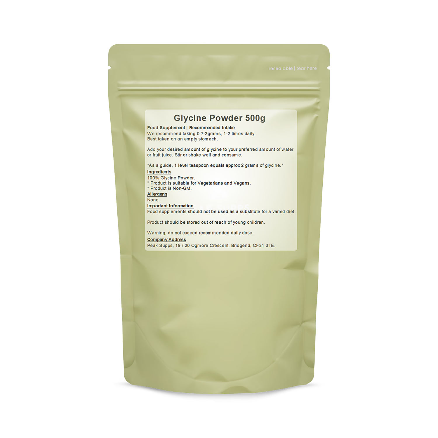 Peak Supps pure glycine powder 500g - British product