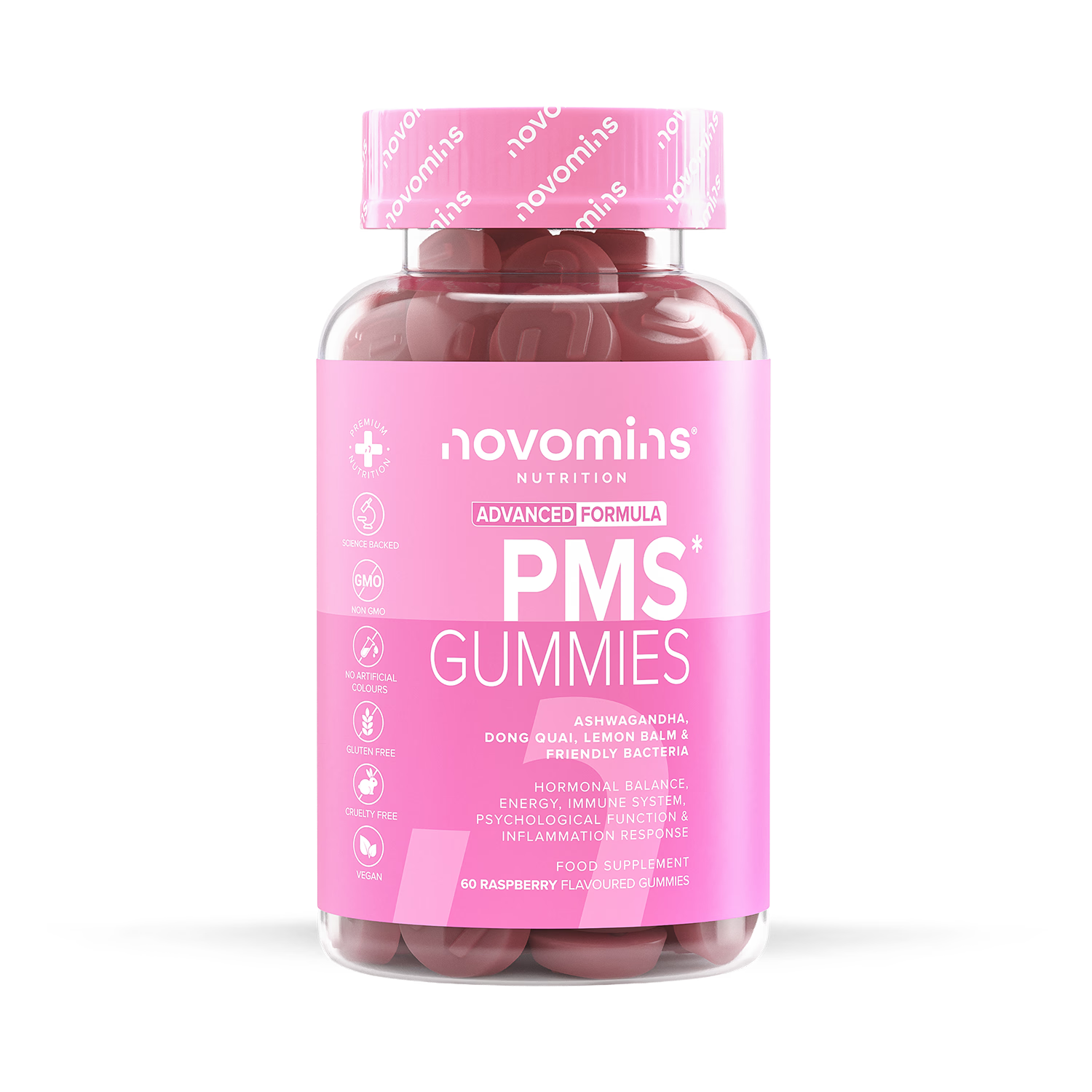 Novomins PMS Gummies Raspberry Flavoured 60 count, imported from the UK