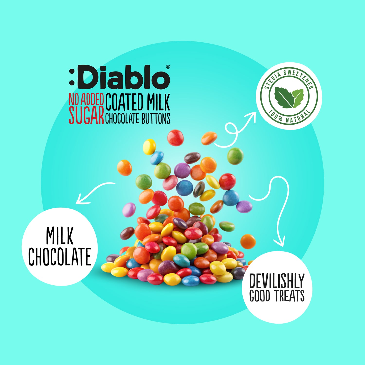 Diablo no added sugar milk chocolate buttons 22g, imported from the UK