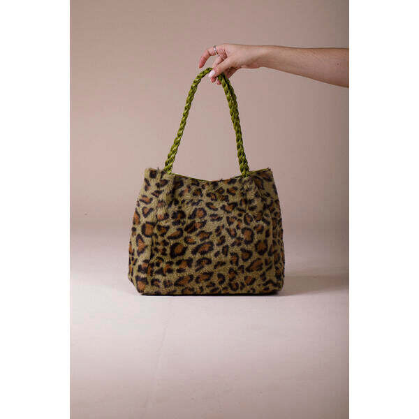 SVNX Leopard Faux Fur Tote Bag Olive (British brand)