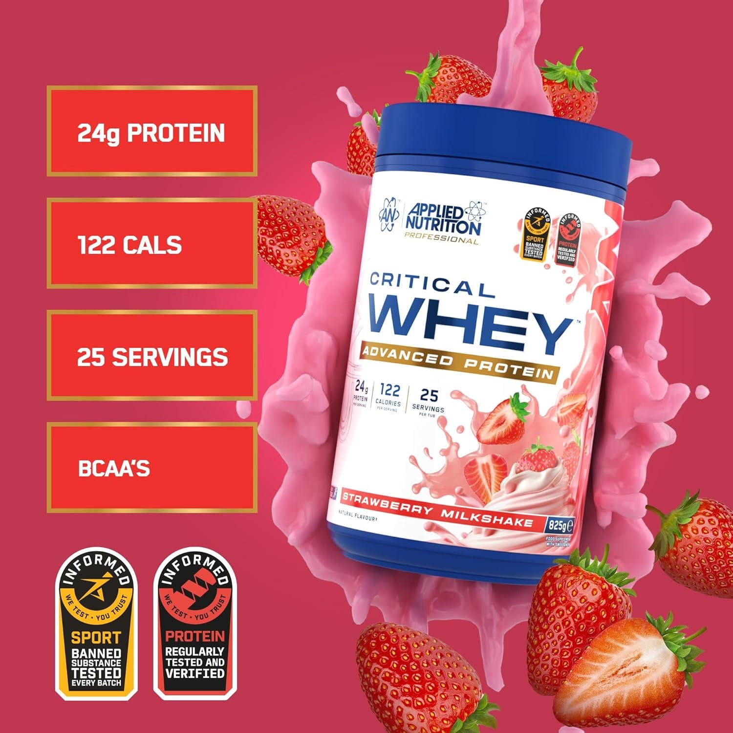 Applied Nutrition Critical Whey Strawberry Milkshake 825g, imported from the UK
