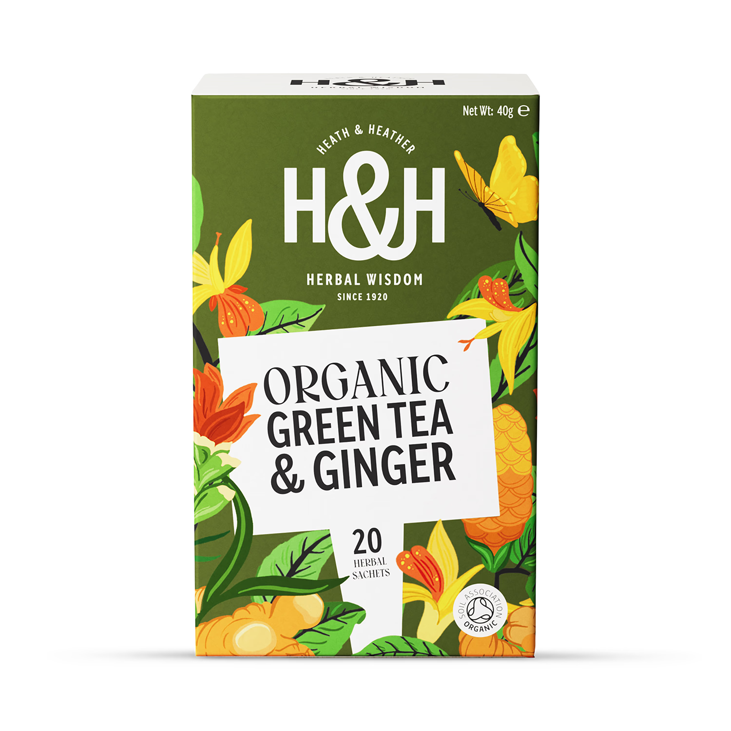 Heath & Heather organic green tea with ginger 20 tea bags, UK version