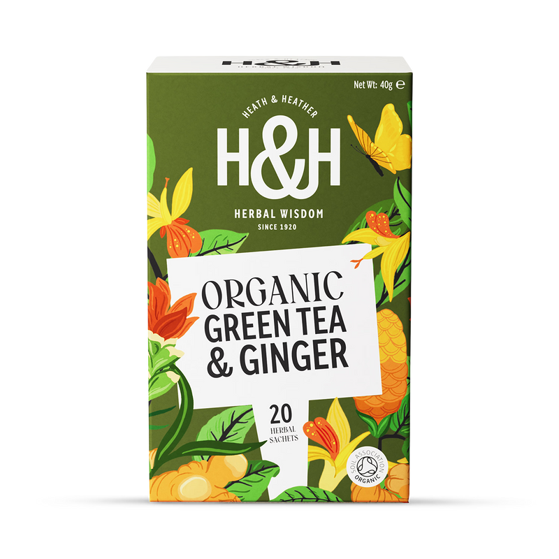 Heath & Heather organic green tea with ginger 20 tea bags, UK version