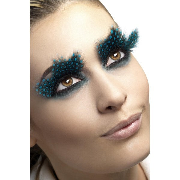 Fever eyelashes with large feathers and aqua dots, UK version