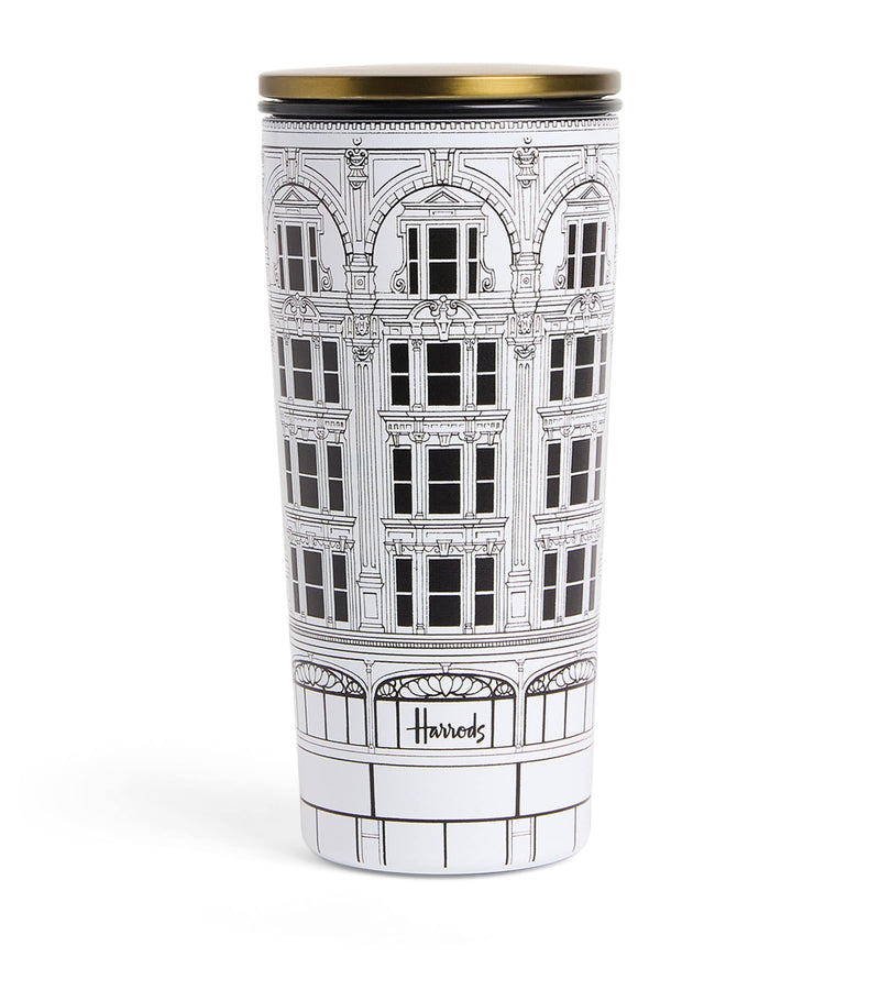 Harrods metal travel cup with storefront design, UK version