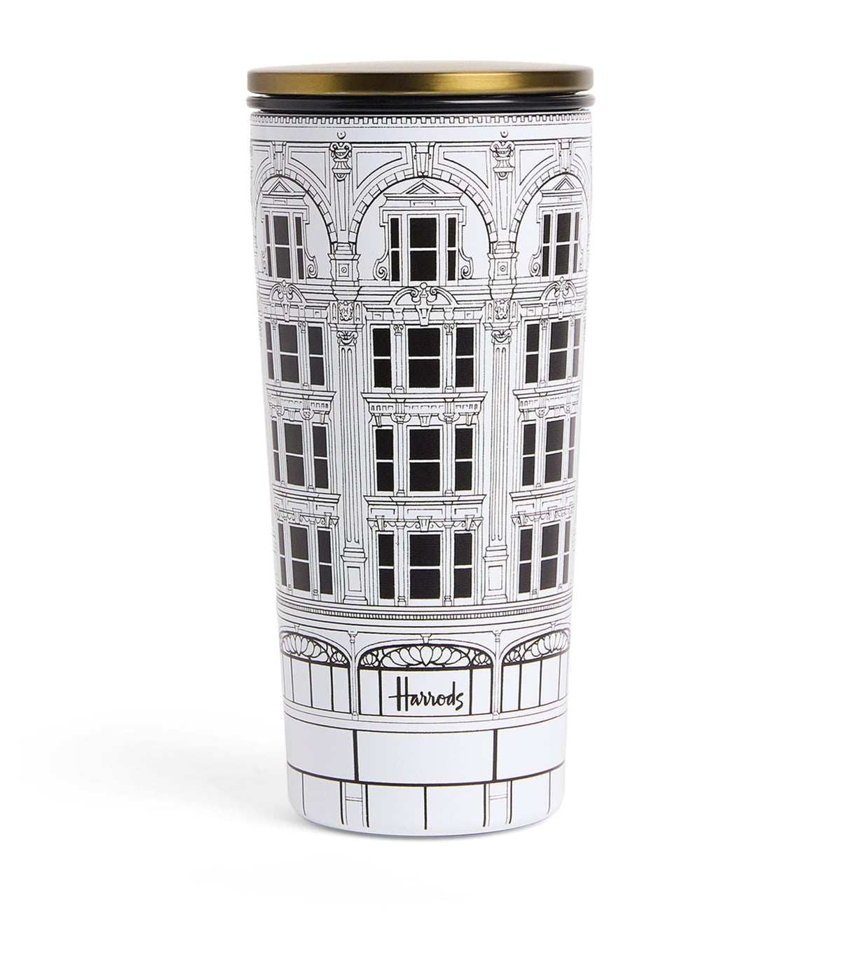 Harrods metal travel cup with storefront design, UK version