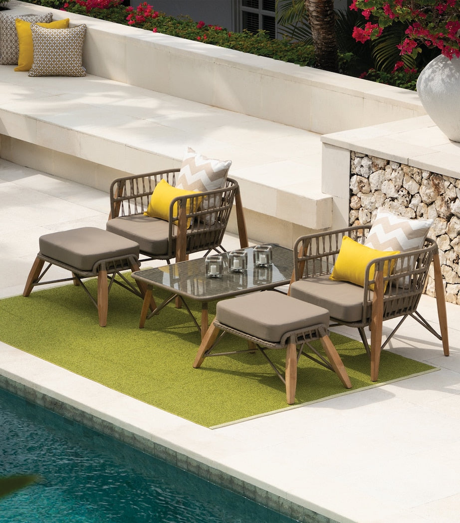 Pimlico Club outdoor armchair with teak wood and rope design, imported from the UK