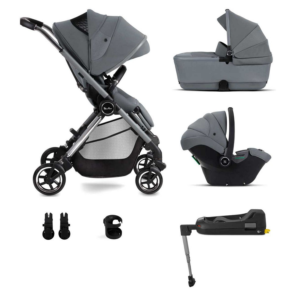 Silver Cross Dune Glacier Pushchair with First Bed Folding Carrycot and Travel Pack