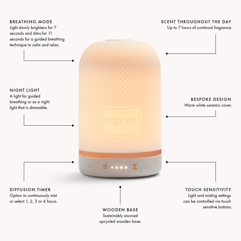 NEOM Wellbeing Pod diffuser with upcycled wood base - British product