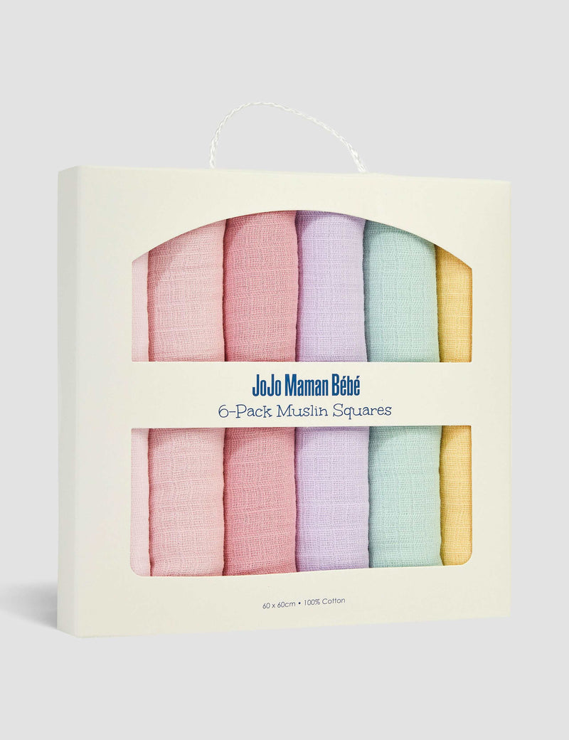 JoJo Maman Bébé pastel muslin squares 6 pack, imported from the UK