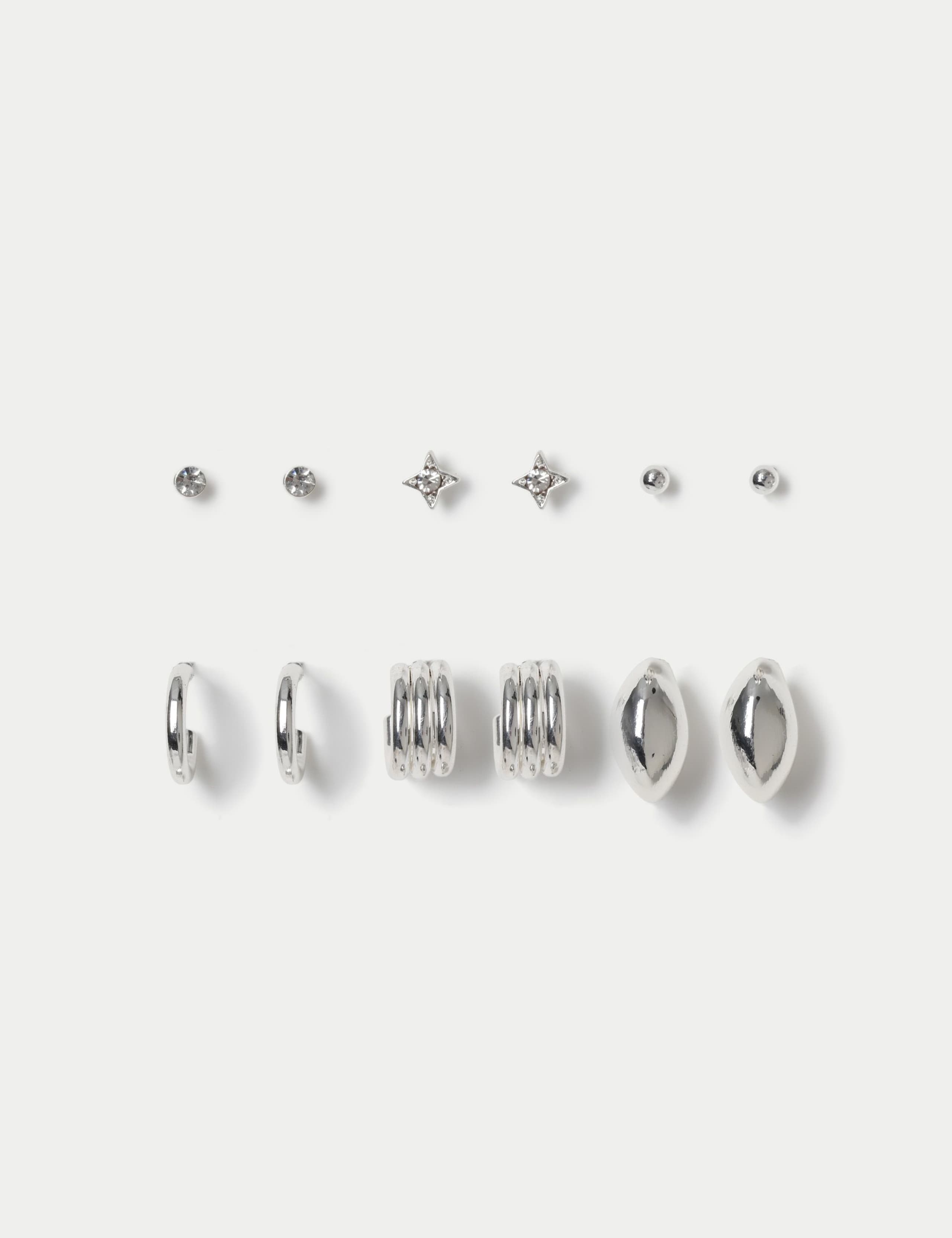 Silver tone stud earrings 6 pack, UK version