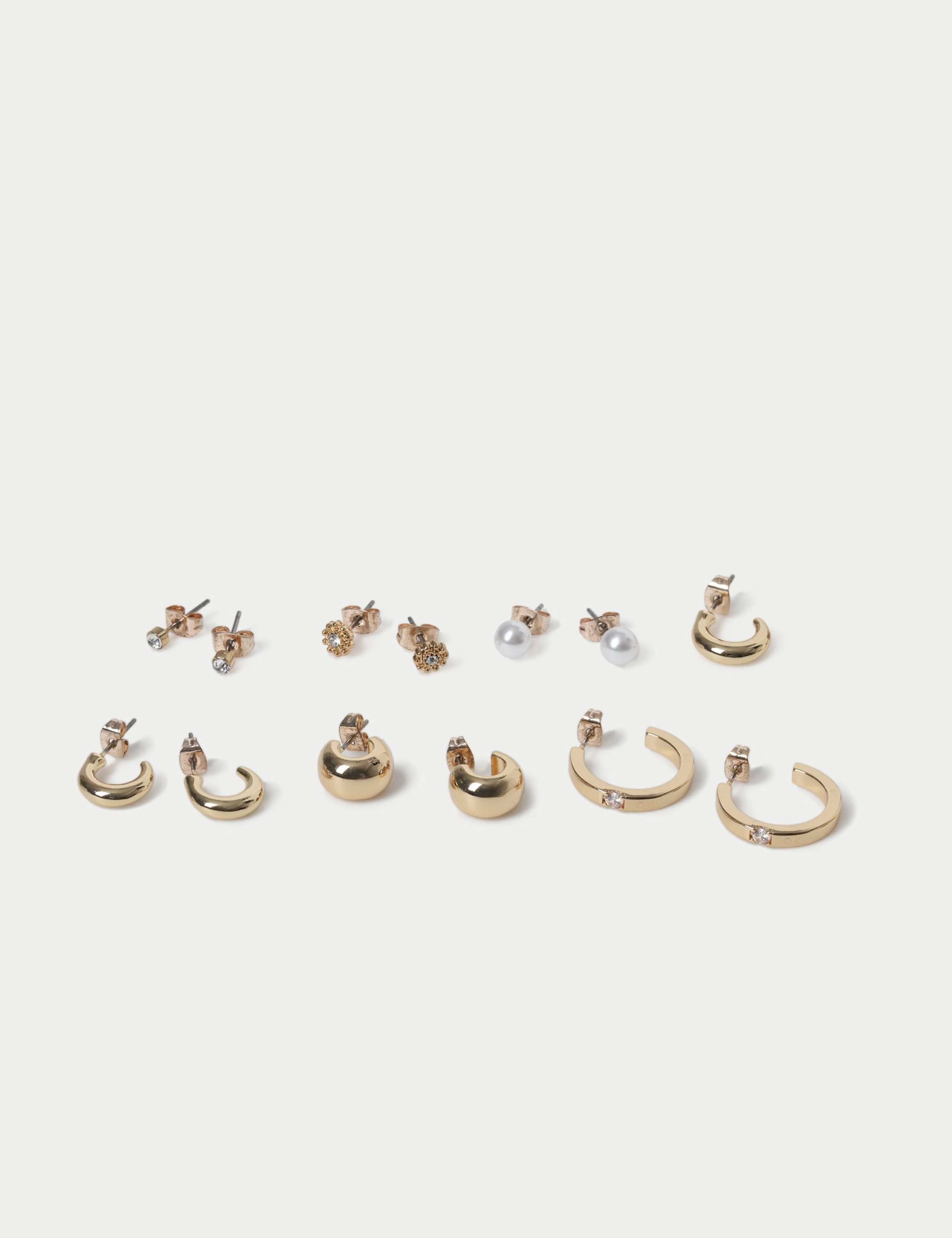 Set of 6 stud hoop earrings in metal and glass, UK version