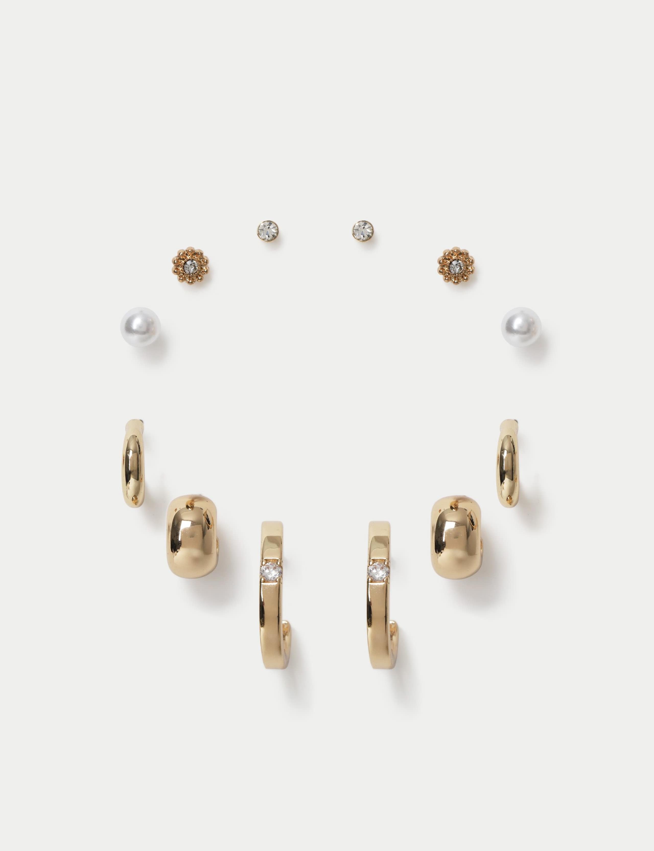 Set of 6 stud hoop earrings in metal and glass, UK version
