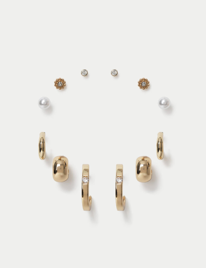 Set of 6 stud hoop earrings in metal and glass, UK version