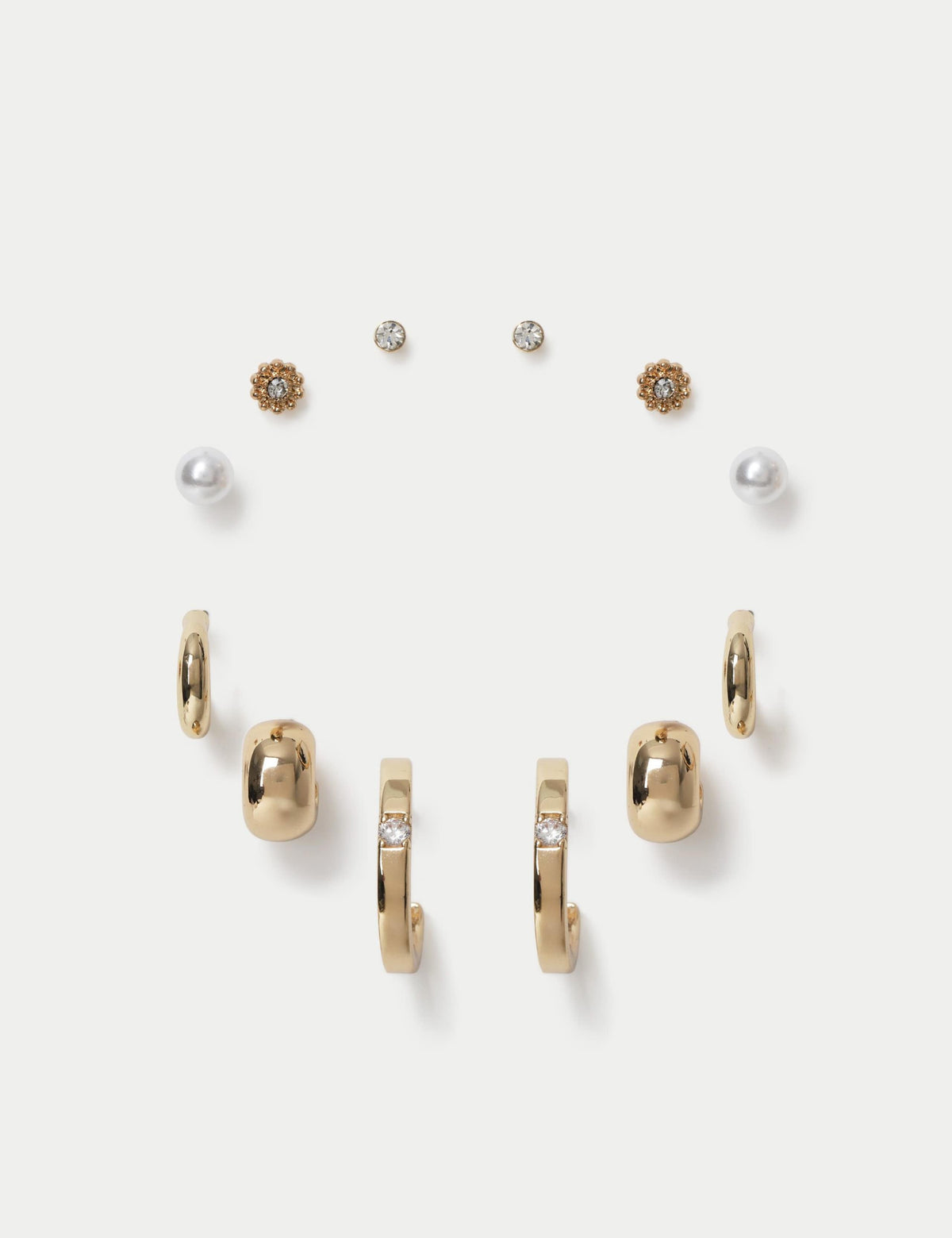 Set of 6 stud hoop earrings in metal and glass, UK version