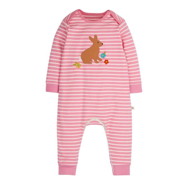 Frugi Charlie Romper Mid Pink Breton/Bunny 0-24 months