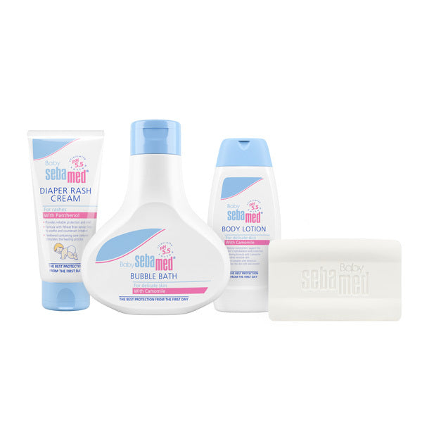 Sebamed baby starter kit with body lotion, bubble bath, and diaper cream (British brand)