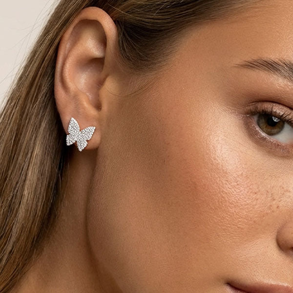 MUCHV large butterfly stud earrings gold cubic zirconia (British brand)