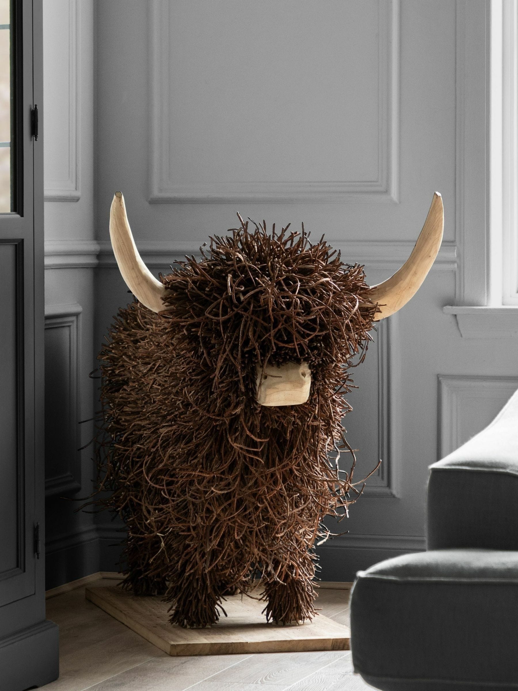 Large brown highland cow willow wooden sculpture (British brand)