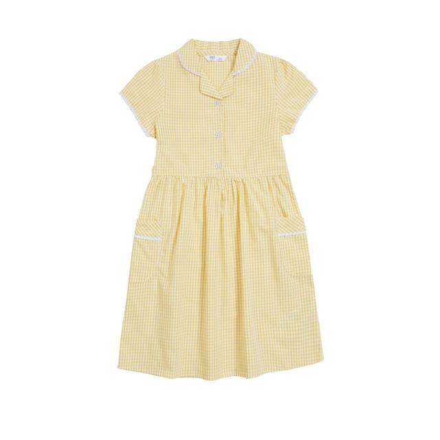 M&S Girls Pure Cotton Gingham School Dress 4-10 Years Yellow