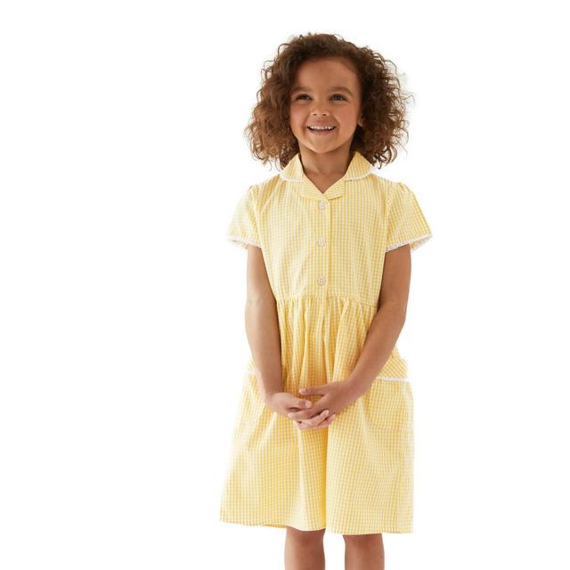 M&S Girls Pure Cotton Gingham School Dress 4-10 Years Yellow GOODS M&S   