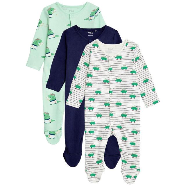 M&S Pure Cotton Dinosaur Sleepsuits 3 Pack Newborn-3 Years Green Mix