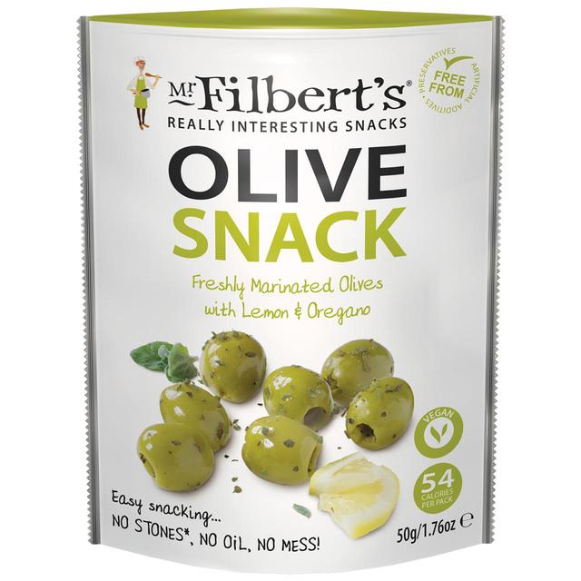 Mr Filberts Olive Snacks Green Olives with Lemon & Oregano   50g