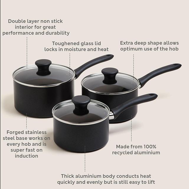 M&S Collection 3 Piece Black Aluminium Non Stick Pan Set 'One Size Black   3 per pack GOODS M&S   