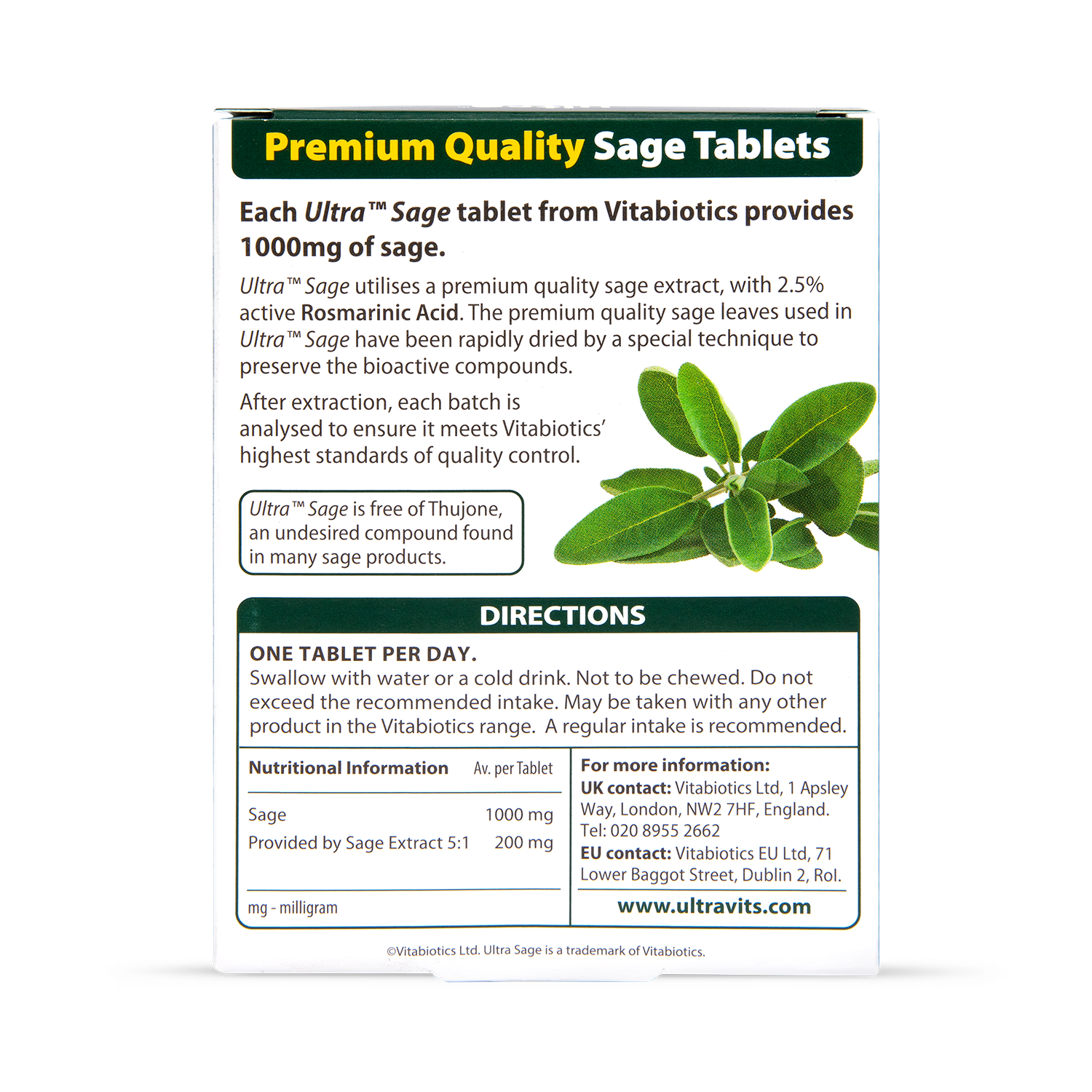 Vitabiotics Sage tablets Ultra 1000mg 30 pack (British brand)