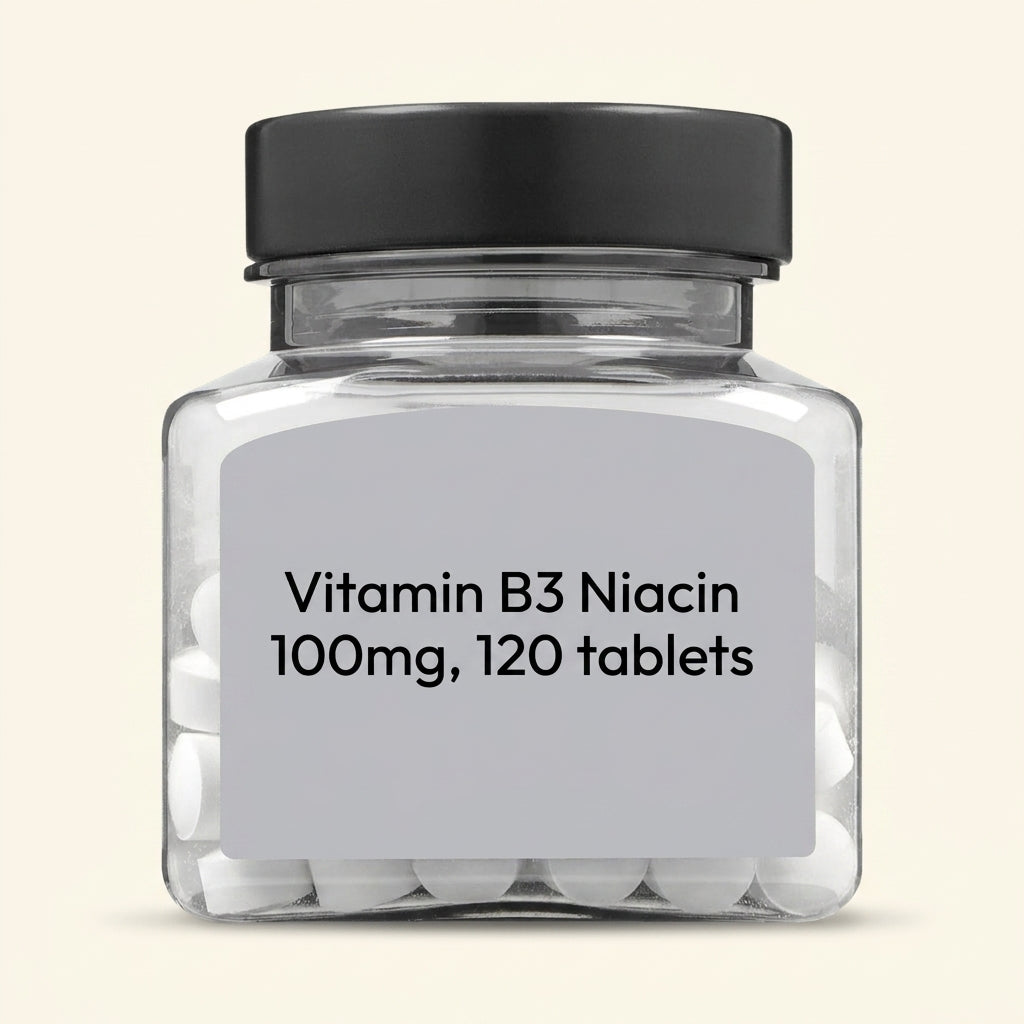 Holland & Barrett Vitamin B3 100mg tablets, imported from the UK