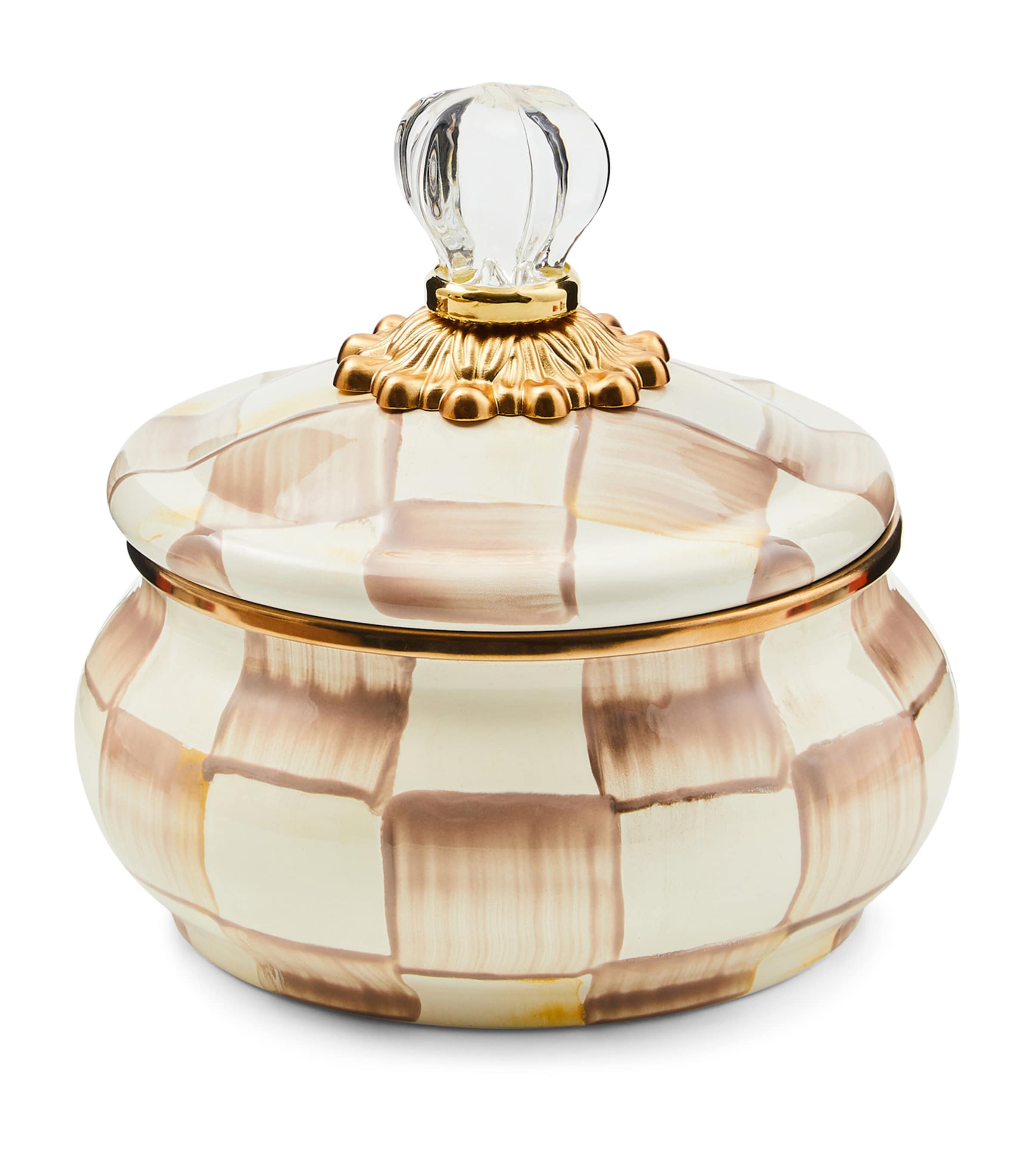 MacKenzie-Childs Mocha Check lidded storage pot with glass topper 590ml, imported from the UK