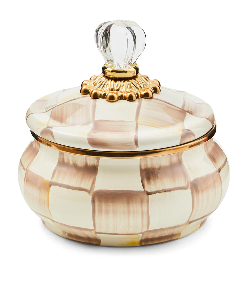 MacKenzie-Childs Mocha Check lidded storage pot with glass topper 590ml, imported from the UK