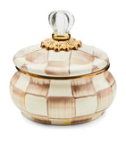 MacKenzie-Childs Mocha Check lidded storage pot with glass topper 590ml, imported from the UK