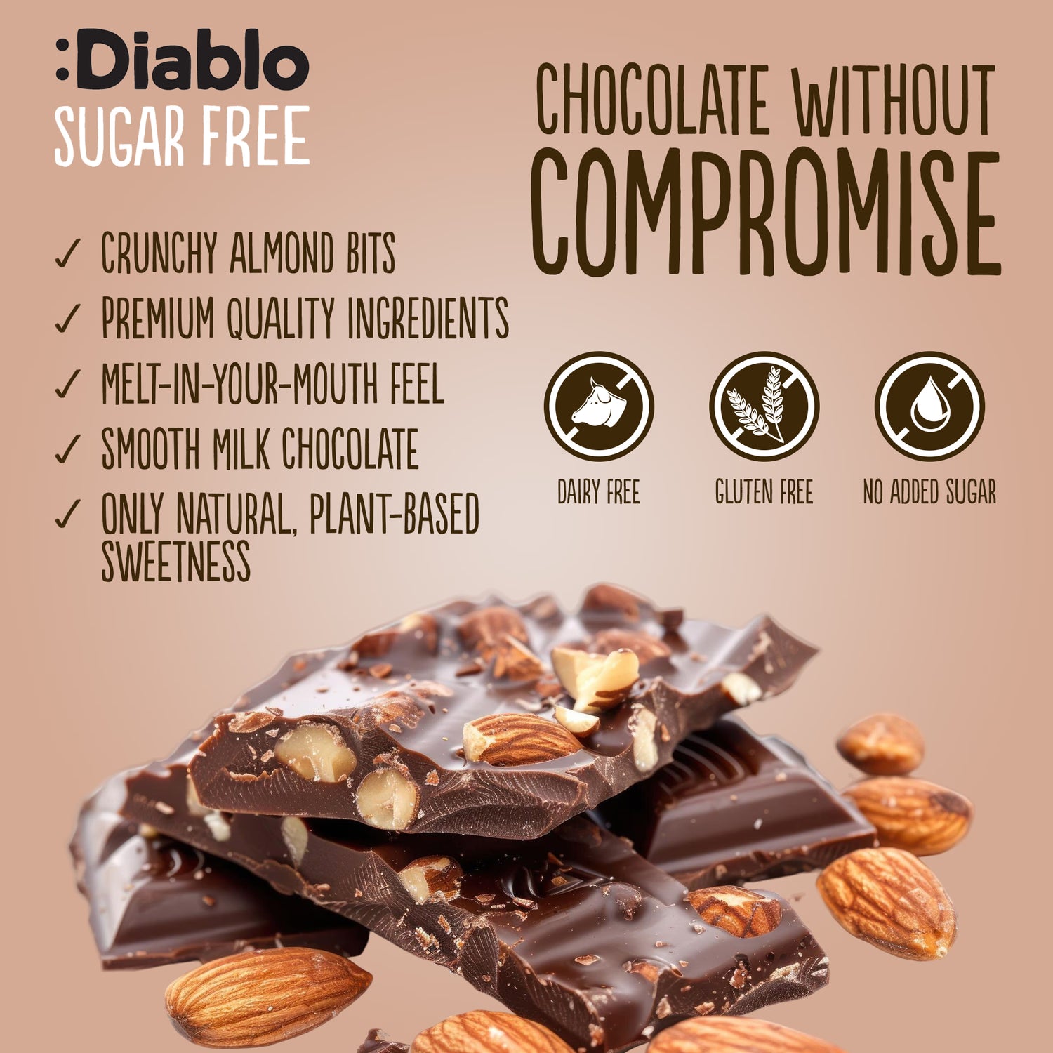 Diablo milk chocolate bar with almonds no added sugar 75g (British brand)