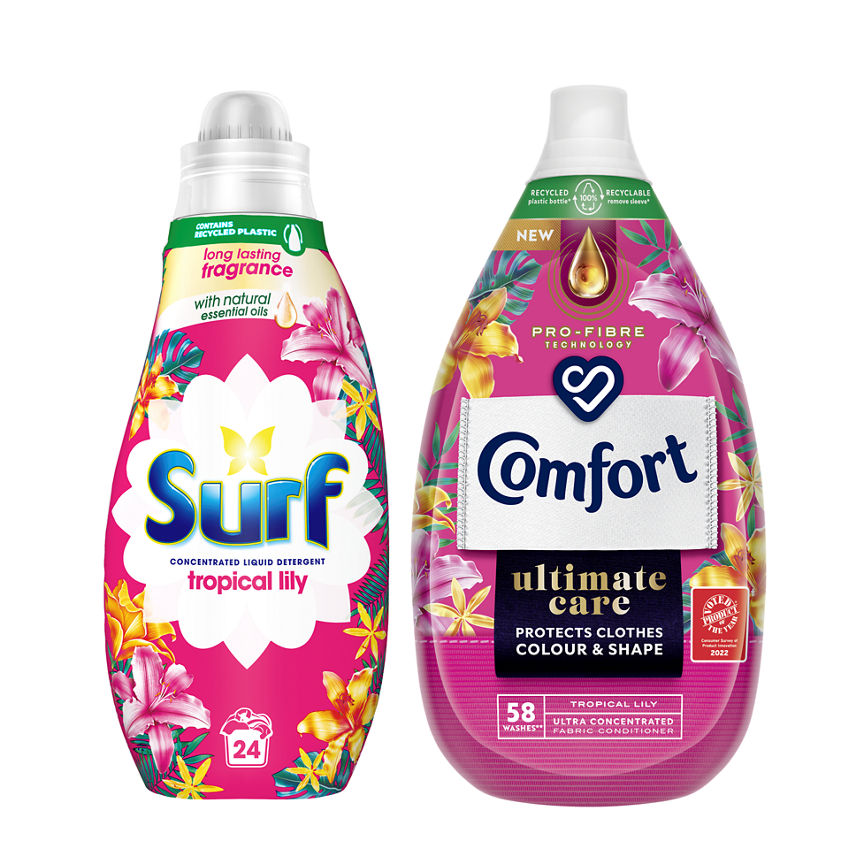 Surf Tropical Liquid 24w & Comfort Tropical Lily Fabric Conditioner 58W Bundle