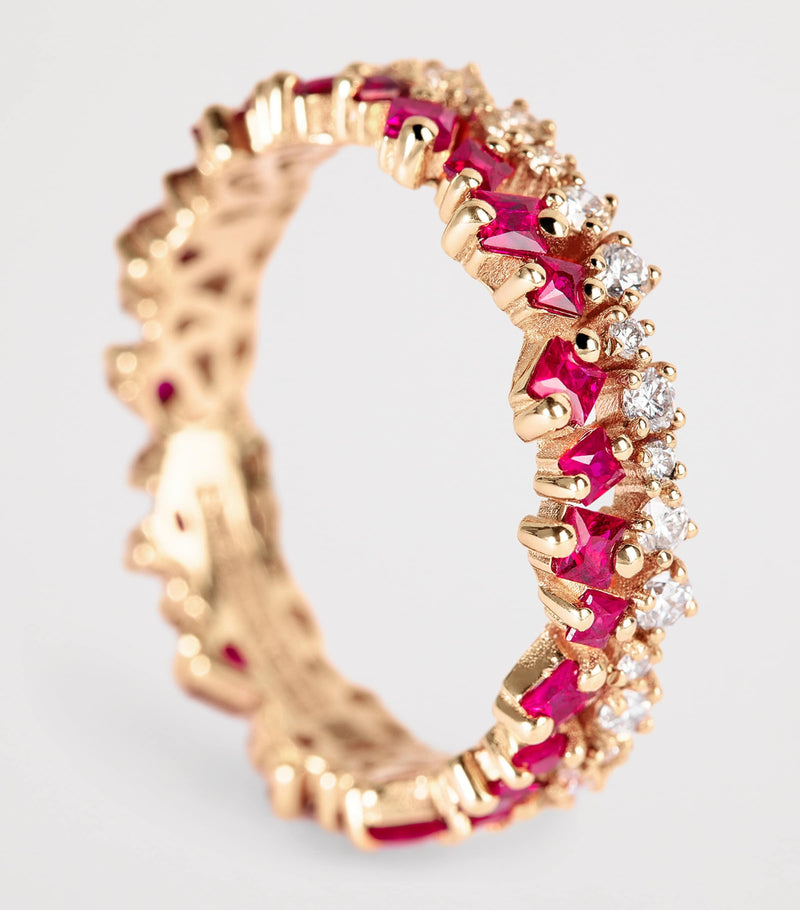 Suzanne Kalan rose gold eternity ring with diamonds and rubies, imported from the UK