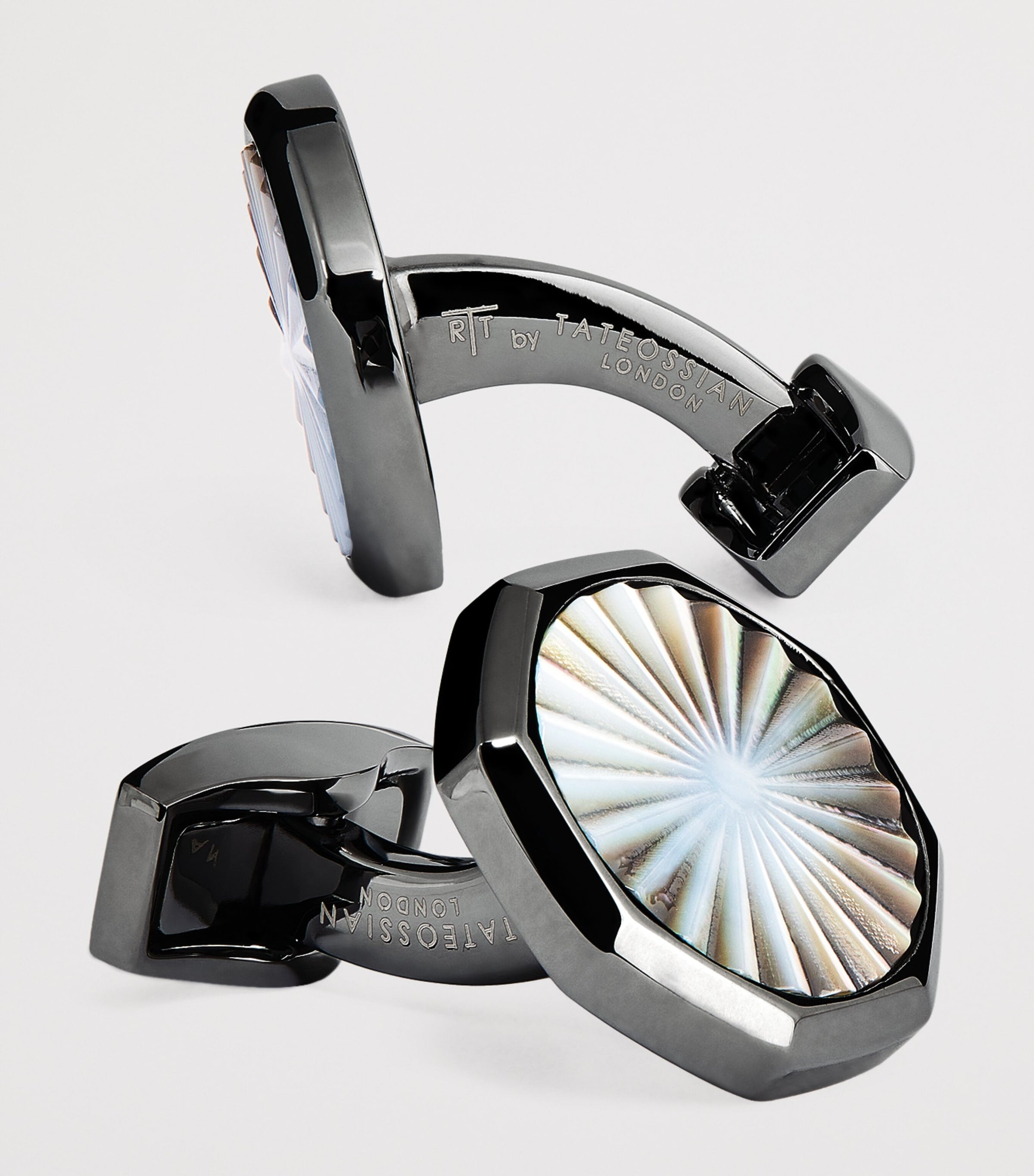 Tateossian cufflinks gunmetal mother-of-pearl sunburst (British brand)