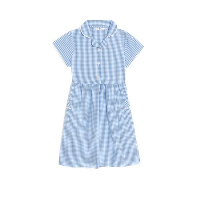 M&S Girls Pure Cotton Gingham School Dress 4-10 Years Light Blue GOODS M&S   